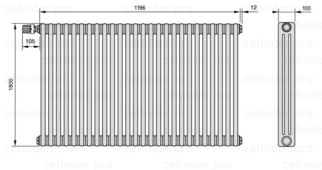 Схема (чертеж) Радиатор Zehnder Charleston 3180/26 №V011 Белый глянцевый RAL 9016